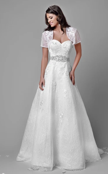Lace A-Line Sweetheart Wedding Dress With Jeweled Waist And Detachable Jacket