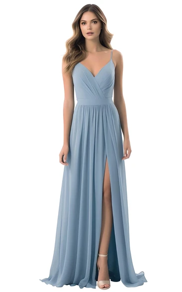A-Line Chiffon Bridesmaid Dress with V-neck and Split Front Elegant and Simple