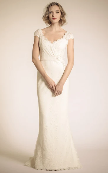 Sheath V-Neck Floor-Length Cap-Sleeve Lace Wedding Dress With Flower And Deep-V Back