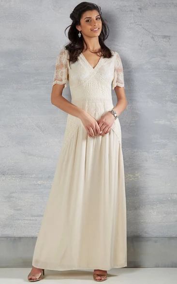 Bateau-Neck Short-Sleeve Ankle-Length Chiffon Wedding Dress With Keyhole