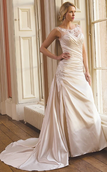 A-Line Maxi Sleeveless Scoop Criss-Cross Satin Wedding Dress With Draping And Appliques