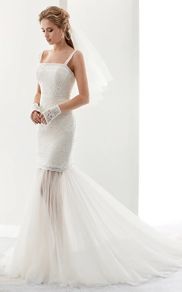Square-Neck Lace Sheath Gown With Detachable Illusion Tulle Bottom