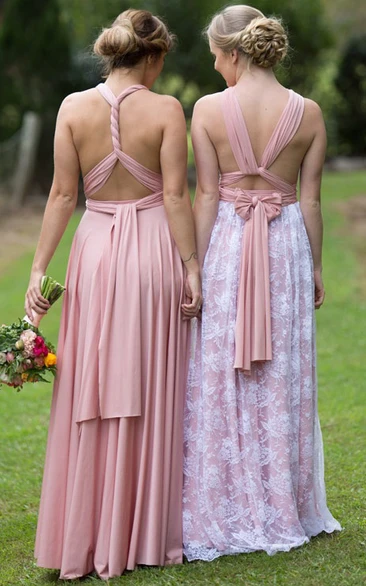 Floor-Length Ruched Short Sleeve Strapped Chiffon Bridesmaid Dress With Bow