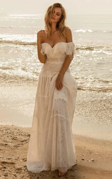 Beach Forest Mountain A-Line Boho Lace Wedding Dress Summer Off-the-Shoulder Floor Length Backless Destination Bridal Gown with Ruffles