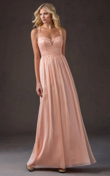 Sleeveless A-Line Long Gown With Lace Bodice And Pleats