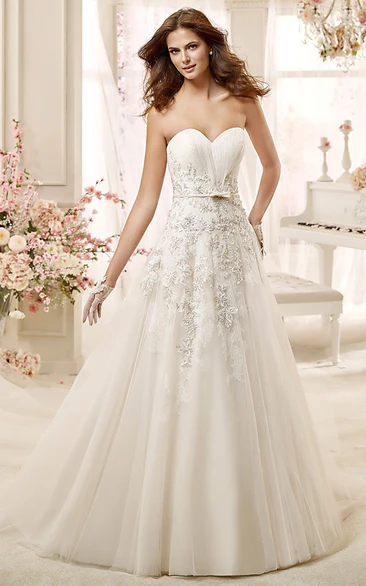 Sweetheart A-line Wedding Dress with Beaded Appliques and Brush Train