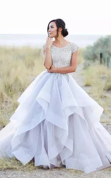 Adorable Country Style Organza Cap-sleeve Ball Gown Wedding Dress with Lace