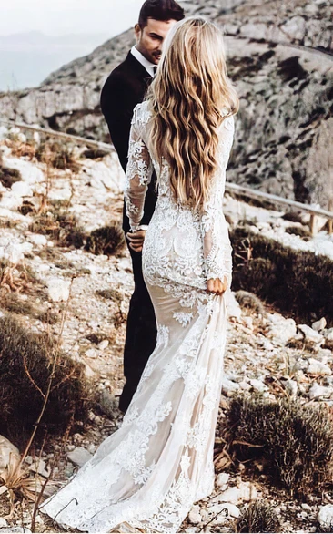 Romantic Lace Mermaid Long Sleeve Wedding Dress 2023 Modest Sweep Train