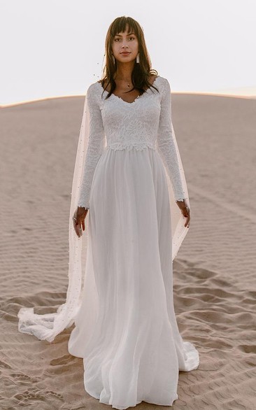 Boho A Line V-neck Chiffon Lace Long Sleeve Wedding Dress with Deep-V Back 