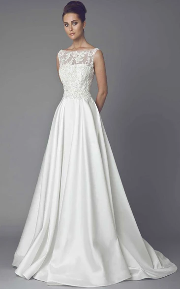 Long Bateau Appliqued Satin Wedding Dress With Sweep Train And Illusion