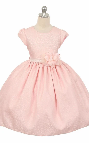 Tea-Length Floral Floral Beaded Flower Girl Dress With Ribbon