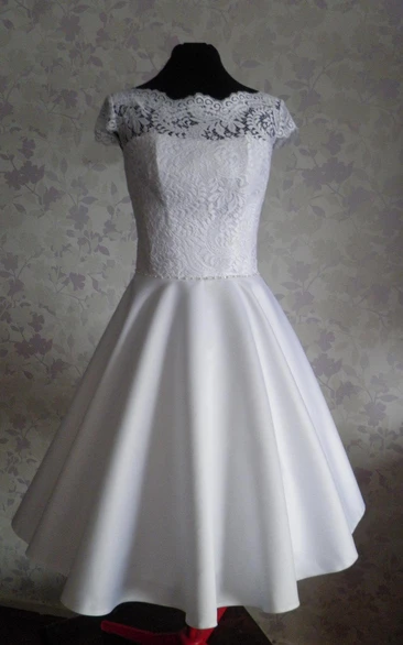 1950S Vintage Bateau Neck Cap Sleeve Tea-Length Satin Wedding Dress