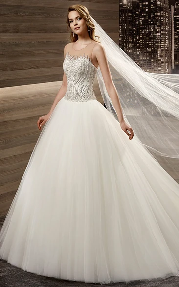 Illusion Beaded A-Line Bridal Gown With Cap Sleeve And Jewel Neck