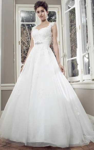 Ball-Gown Sleeveless Maxi Appliqued Lace&Satin Wedding Dress With Waist Jewellery And Keyhole Back