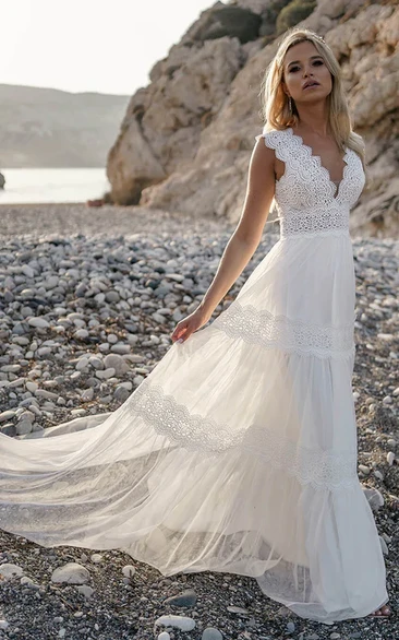 A-Line Straps Lace Wedding Dress Casual Elegant Beach With Deep-V Back And Split Front