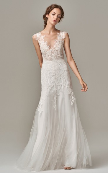 Elegant Sheath V-neck Lace Tulle Floor-length Sleeveless Wedding Dress with Deep-V Back 