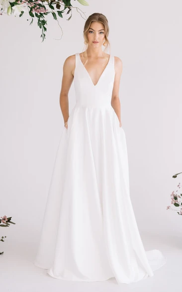 Simple V-neck A Line Court Train Wedding Dress with Pockets