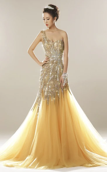 One Shoulder Open Back Luxury Tulle Mermaid Beaded Dress With Appliques