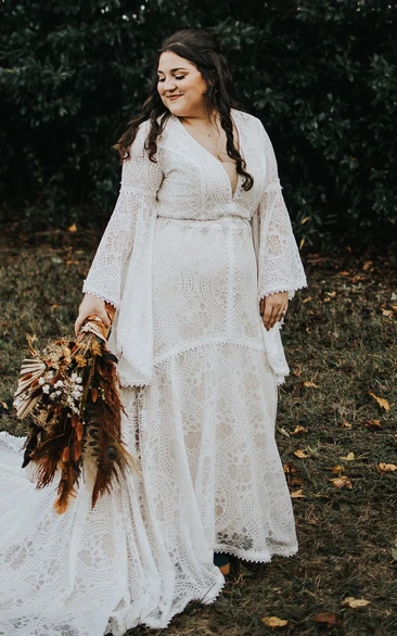 Bohemian A-Line V-neck Lace Wedding Dress With Long Sleeve