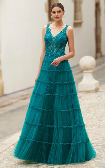 Ethereal A-Line V-neck Tulle Floor-length Prom Dress with Ruching