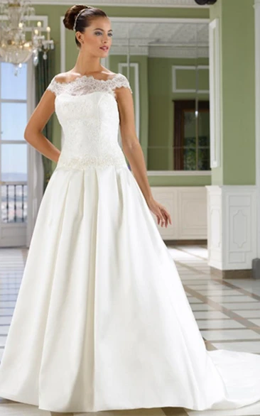 A-Line Off-The-Shoulder Appliqued Satin Wedding Dress With Court Train