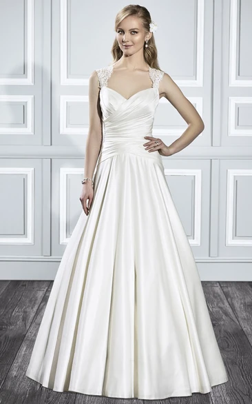 A-Line Sleeveless Queen-Anne Criss-Cross Floor-Length Satin Wedding Dress With Pleats And Illusion Back