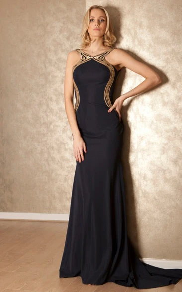 Sheath Floor-Length Scoop Sleeveless Jersey Prom Dress With Backless Style And Sweep Train