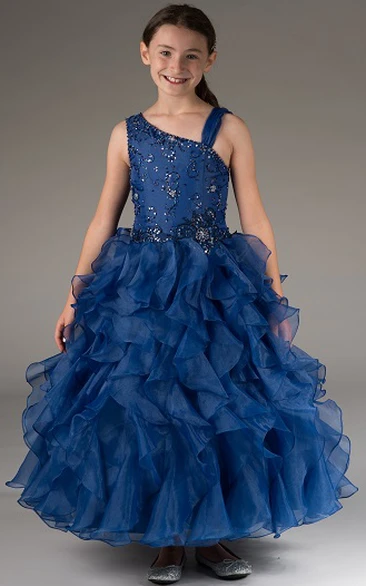 Flower Girl Asymmetric Straps Tiered Organza Ball Gown With Crystals