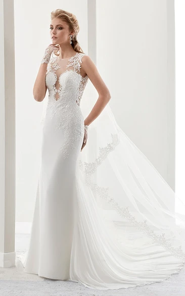 Cap Sleeve Sheath Lace Gown With Illusion Details And Court Train