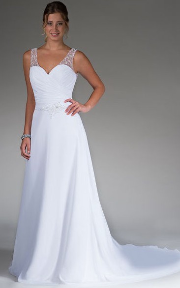 V Neck Pearl Straps A-Line Bridal Gown With Illusion Back