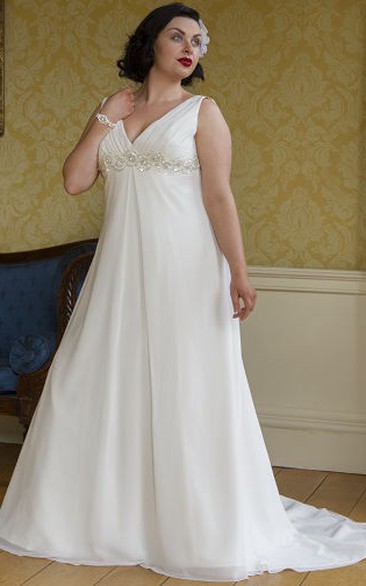 Crystal Empire V Neck A-Line Bridal Gown With Lace Up And Train