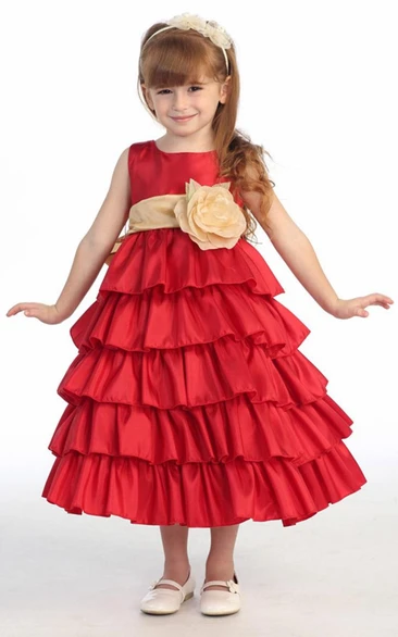 Ankle-Length Tiered Taffeta Flower Girl Dress