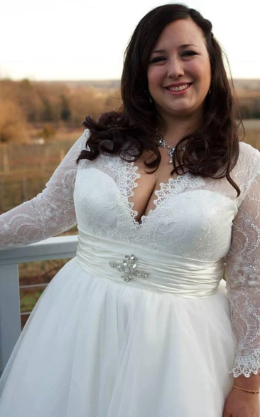 Plus Size Chantilly Lace And Tulle Ballgown With Long Sleeves Dress
