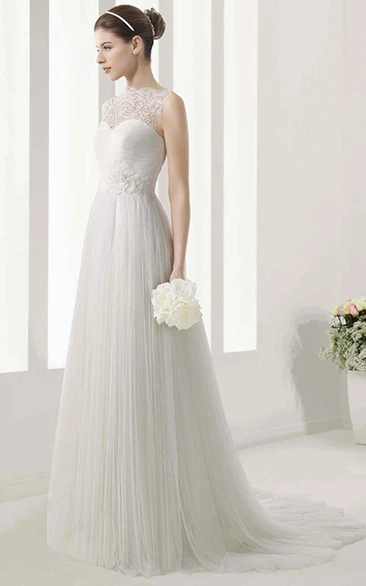 High Neck Sleeveless Tulle Gown With Lace Bodice And Pleated Skirt