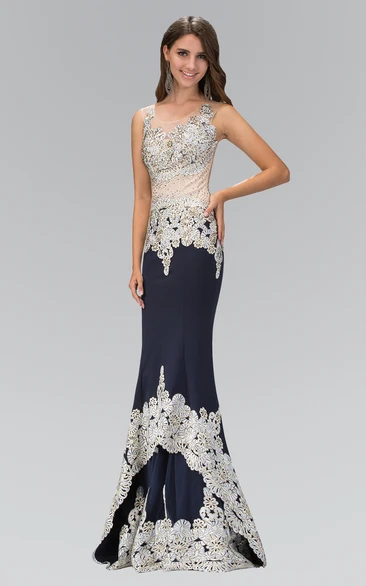 Sheath Scoop-Neck Sleeveless Jersey Illusion Dress With Appliques And Sequins