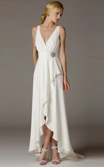 High-Low V-Neck Ruched Draped Chiffon Wedding Dress With Brush Train And V Back