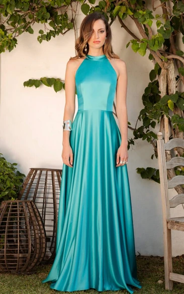 Simple-style Sleeveless A Line Halter Neck Satin Floor-length Prom Dress