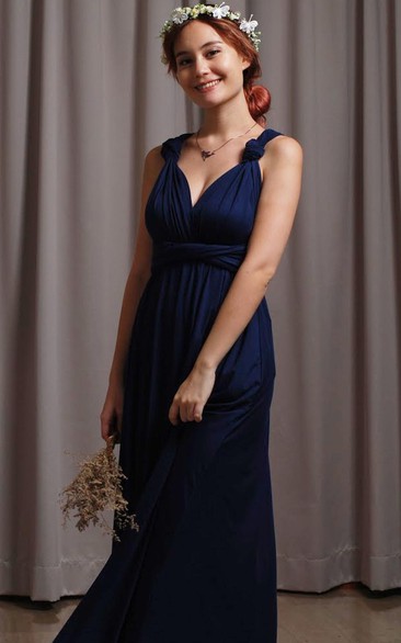 Ethereal Convertible A Line V-neck Jersey Bridesmaid Dress With Open Back And Sash