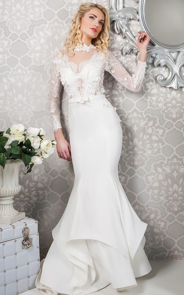 Mermaid Maxi Appliqued Long-Sleeve High-Neck Satin&Lace Wedding Dress
