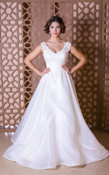A-Line V-Neck Floor-Length Sleeveless Appliqued Organza Wedding Dress With Tiers