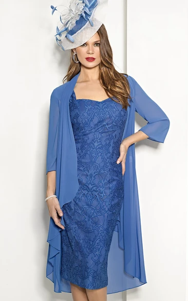 Sheath Knee-Length Square Neck 3-4 Sleeve Appliqued Chiffon Mother Of The Bride Dress