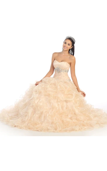 Ball Gown Strapless Sleeveless Organza Dress With Waist Jewellery And Ruffles