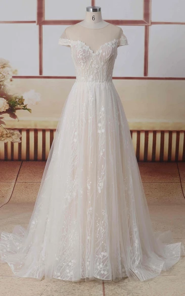 Illusion Back A-line Lace Tulle Jewel Neck Short Illusion Sleeves Wedding Dress With Pleats