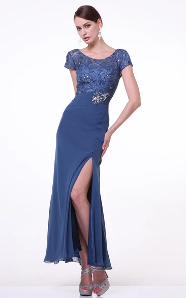 Sheath Ankle-Length Scoop-Neck Short Sleeve Lace Jersey Dress With Beading