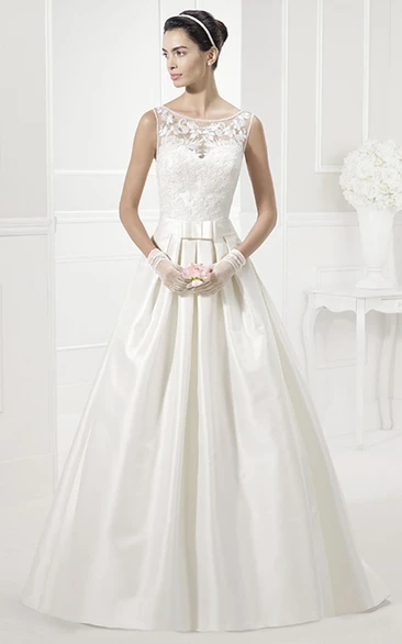 Jewel Neck Sleeveless Taffeta Bridal Gown With Lace Top And Bows