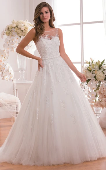 Bateau-Neck A-Line Wedding Dress With Illusion Detail And Floral Appliques
