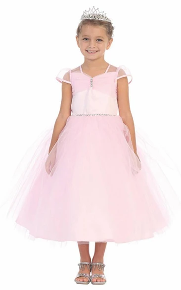 Ankle-Length Illusion Ruched Tiered Tulle Flower Girl Dress With Ribbon