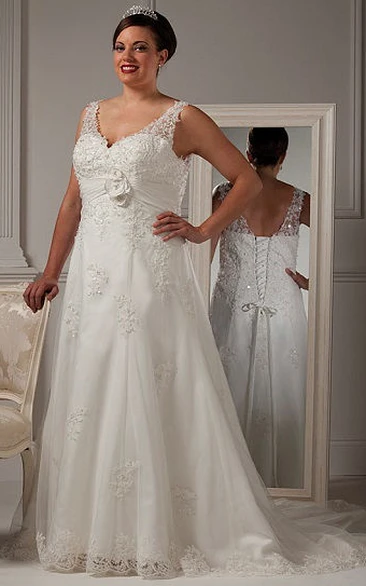 V Neck Lace Bridal Gown With Waist Flower And Lace Up