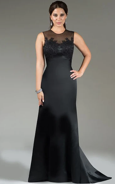 Scoop Neck Sleeveless Satin Long Mother Of The Bride Dress With Applique And Back Keyhole