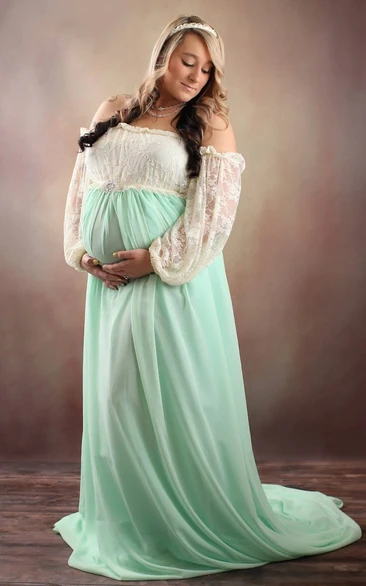 A-line Chiffon Lace Off-the-shoulder Long Sleeve Pleated Ruched Maternity Dress